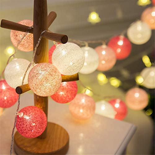 Morbuy Cotton Ball Fairy Lights, 20 LED Battery Powered Colourful String Lights 3.3m Globe Night Warm Lights Ball 6cm for Wedding Garden Children Bedrooms Decoration (3.3M / 20 lights, Pink Series)