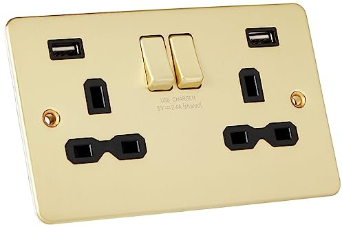 13A 2G Switched Socket with Dual USB Charger A + A (2.4A) - Brushed Brass with Black Insert