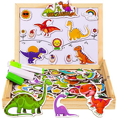 COOLJOY Wooden Magnetic Puzzle toys | Dinosaur Toys for 2 3 Year Old Boys | Dinosaur Magnetic Board 100+ PCS for Kids | Wooden Toys for Boys Girls Kids 2 3 4 Year Olds