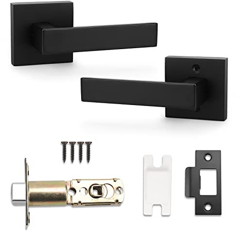 Probrico Passage Door Levers, Black Door Handles, Square Interior Door Handles for Hallway or Closet, Two Sides Flat Reversible Door Handles, 1 Pack
