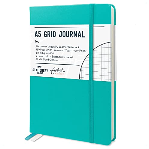 STATIONERY ISLAND Notizbuch A5 Kariert, Journal Hardcover mit 120 g/m² Dickem Papier, 180 Seiten Tagebuch, Notebook a5 für Mädchen, Reisetagebuch, Planen, Lernen, Schreiben
