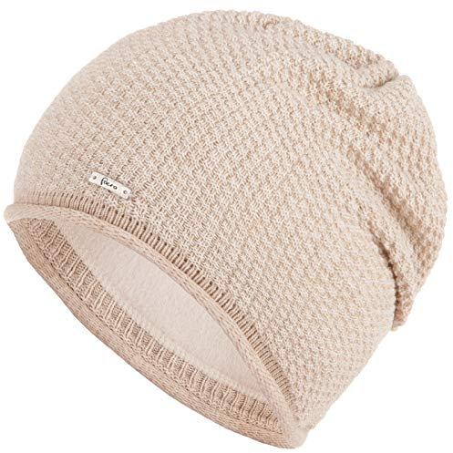 Faera Mütze Damen Wintermütze warm gefüttert Fleece-Futter Winter Frühjahr Mädchen Strickmütze Beanie 54, Farbe:Beige