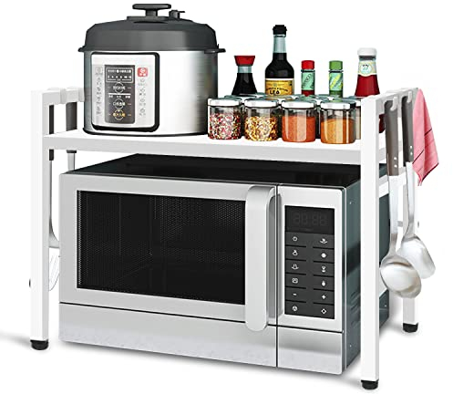 Todeco Support de Four à Micro-Ondes Extensible, Etagere Rangement Cuisine Four à Micro Ondes, Multifonction Meuble de Rangement en Métal, avec 6 Crochets Charge 25 Kg,(36-60) x36 x44 cm, Blanc