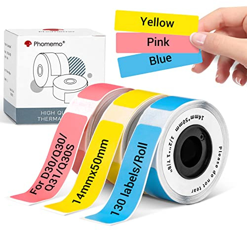 Phomemo Farbetiketten für D30 Q30 Etikettendrucker, Kompatibel mit Colorwing Q30, Phomemo D30/Q31/Q30S Etikettiergerät, 14 × 50mm (Gelb/Rosa/Blau) Etiketten mit 130 Etiketten/Rolle, 3 Rollen