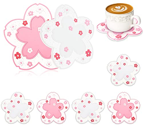 Conisy Untersetzer Gläser, 6er Set Glasuntersetzer Silikon für Getränke, Tassen, Bar, Glas - Tischuntersetzer (Sakura Weiß & Sakura Rosa)