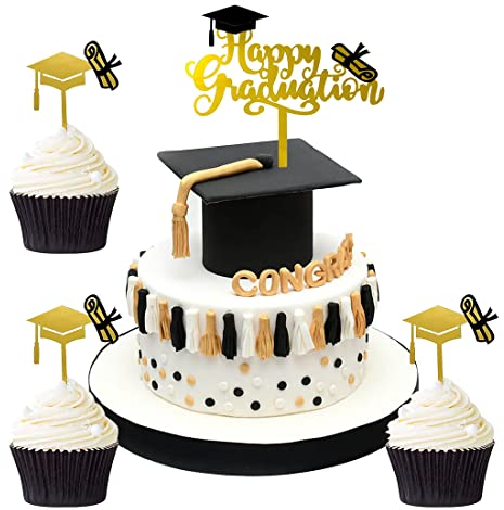 Cake Topper Graduation,KANOSON Happy Graduation Cake Topper und 3 Graduation Hat Deko,Abschlussfeier Deko Graduation Kuchen Deko Graduation Cake Decorations, Gold