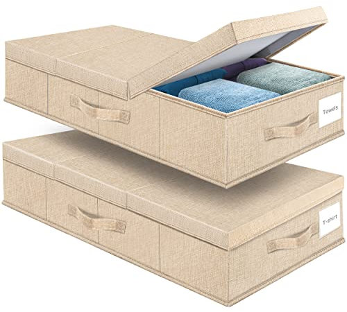 Underbed Storage Containers Bin with Lids (Set of 2) Large Under Bed Storage Organizer Box with Handle, Foldable Sturdy Under The Bed Storage Bags for Organizing Clothes, Blankets, Pillows-Khaki