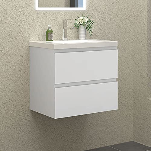 HAPAOSO Waschbecken mit Unterschrank Badezimmer 60 cm Breit Badmöbel Set mit Waschbecken und 2 Soft-Close Schubladen Waschtisch Unterschrank Weiss für Badezimmer Hängend