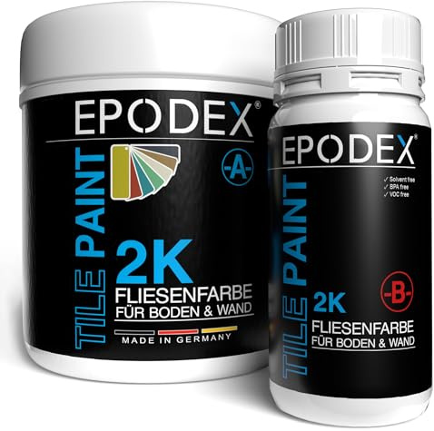 EPODEX 2K Fliesenfarbe Badezimmer, Küche & mehr - Eisengrau - Pastell | Hochwertige Farbe für Wand- und Bodenfliesen, wasserfester & abriebfester Fliesenlack, 1,8kg - 7m² für 2 Anstriche