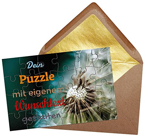 Puzzle selbst gestalten mit Text - 24 Teile Puzzle Personalisieren mit Wunschtext, inkl. Briefumschlag mit Gold-Inlay | Hintergrund Pusteblume