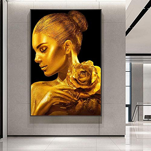 QITEX Moderne Bilder Wohnzimmer Leinwand Wand Bilder Goldene Haut Frau mit Rose Leinwand Gemälde an der Wand Bilder Poster Kunstdruckee Gold Schmuck Wandbilder 40x60cm Kein Rahmen