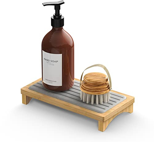 Jadairy Organiseur d'évier à séchage instantané - Plateau d'évier en Pierre à séchage Rapide - Porte-éponge de Cuisine - Plateau à Savon pour évier de Cuisine (Gris, Bambou)