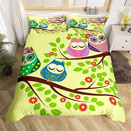 Eule Tröster Bezug 155x220 Eule Bettbezug Cartoon Baum Bettwäsche Set Blumenzweige Steppdecke Eule Geschenke für Kinder und Eule Liebhaber Frühling Vogel Bett Schlafzimmer Dekor mit 1 Kissenbezug Grün
