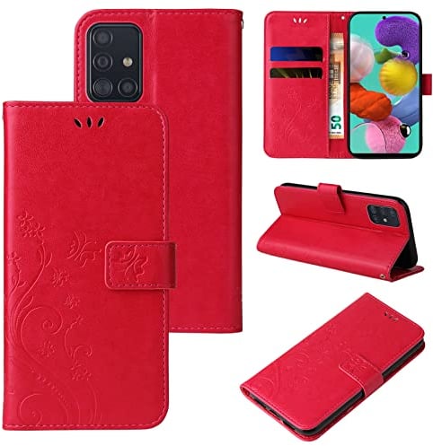 LBH Handy Hülle für Samsung Galaxy A51 Case Handytasche Schmetterling Blumen Flower Standfunktion Schutzhülle Magnet Rundum Schutz 360 Grad Flipcase Cover Rot