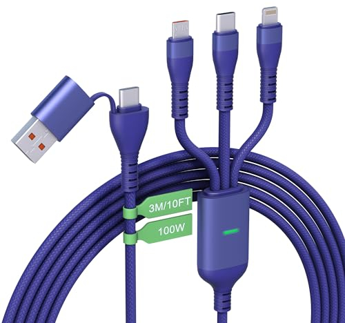100W USB C Multi Ladekabel 3M/10Ft [Apple MFi Zertifiziert] A/C Auf Langes 3-in-1 Kabel Typ C+Lightning+Micro, 100W Schnellladekabel für Android/iPhone 15/Laptop