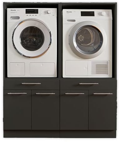 Stella Trading LAUNDREEZY 2x Armoire pour lave-linge, Anthracite - Armoire de surélévation pour lave-linge certifiée TÜV avec beaucoup d'espace de rangement - 135 x 162 x 67,5 cm (L/H/P)
