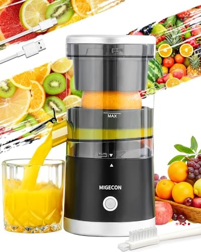 Presse-agrumes Electrique Rechargeable - Machine à jus d'agrumes avec port USB et presse-agrumes portable, presse-agrumes avec fonction citron, pamplemousse, inclus brosse (Noir)