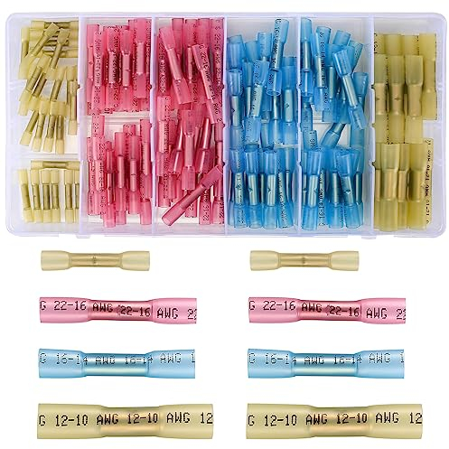 KOXXIAMOQ 130 Stück Kabelverbinder Wasserdichte Quetschverbinder Set, 12-26 AWG Schrumpfverbinder Wasserdichte, Stoßverbinder Kabelschuhe Lötverbinder Sortiment Set - Gelb, Rosa, Blau
