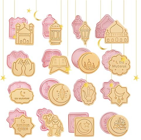 RobLuX 16 Pcs Emporte Pieces Moule Eid Mubarak Emporte Pièces Cadeaux Moule Biscuit Plastique Pièces Ramadan Cookie Mold pour Biscuits Musulmanes de l'Aïd Mubarak
