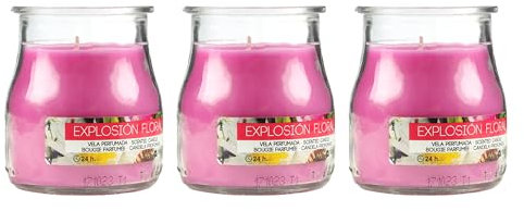 Pack de 3 Velas Aromáticas en Vaso de Yogurt de Cristal Reciclable - 24h de Duración,Cera Vegetal Perfumada, Fabricadas en España, 7x6cm (Explosion Floral)