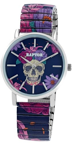 Raptor Damenarmbanduhr Frida Kahlo Edition mit Zugband (Mehrfarbig - Totenkopf mit Blumen)