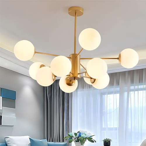 Moderner Sputnik-Kronleuchter, 10-Flammige Goldfarbene, Höhenverstellbare Kronleuchter Mit Milchig-Weißem Kugelglasschirm, Mid-Century-Pendelleuchten Für Wohnzimmer, Esszimmer, Schlafzimmer, Küche