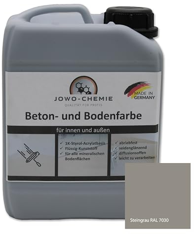 JOWO-CHEMIE Betonfarbe (2,5kg) Bodenfarbe Flüssig Kunststoff für 20m² Grauton Beton Estrichfarbe Beschichtungen (Steingrau)