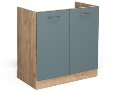 Vicco Spülenunterschrank R-Line, Blau-Grau/Goldkraft Eiche, 80 cm, AP Eiche