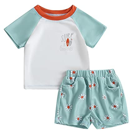 Maillot de Bain Bébé Garçon Anti UV T-Shirt Manches Courtes et Short de Bain Ensemble 2 Pièces Costume de Natation Piscine Plage (Vert Clair, 18-24 Months)