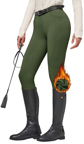 WILLIT Pantaloni da equitazione da donna, invernali, foderati, in pile, con inserti completi, per equitazione, allenamento termico, con tasche, passanti per cintura, verde militare, XS