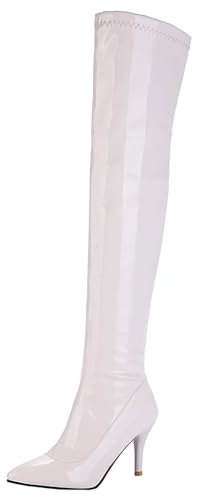 HSyc JRX Stivali sopra il ginocchio da donna con tacco a spillo e cerniera con tacchi alti stivali lunghi, bianco, 45 EU