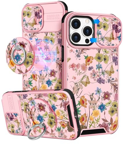 VincitoreModa for iPhone 12 Pro Max Case - [2in1] Cute Girls Women Butterfly Flower Compatible with MagSafe Ring Stand Design Slide Camera Cover for Apple for iPhone 12 Pro Max Phone Case 6.7
