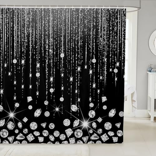 Homemissing Grau Glitzerdiamant (Kein Glitzer) Duschvorhang 180x180cm Ombre Galaxie Dekoration Duschvorhang für Bling Modern Duschvorhang Textil Mit Haken Grau Luxus Wasserdichtes