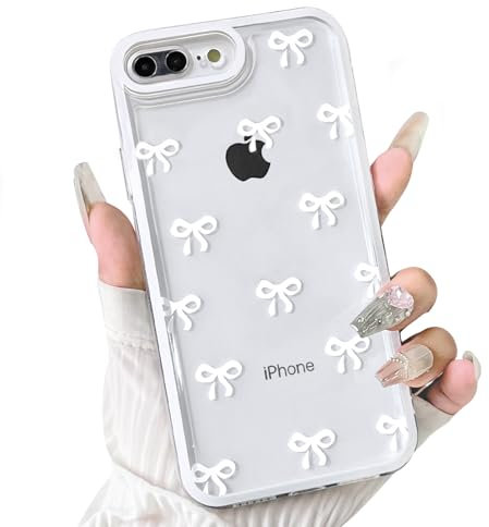 NITITOP Compatible with iPhone 7 Plus / 8 Plus Case Cute Clear White Durable Ribbon Bowknot Pattern for Girls Women Soft TPU Transparent Full Camera Lens Shockproof Protective Phone Cover - White