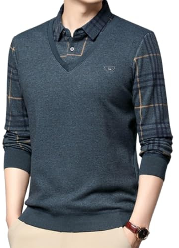 YWeiLiangSan Herren-Langarm-Oberteile mit Revers, zweiteiliges Strickhemd mit Revers, langärmelige Poloshirts
