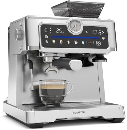 Klarstein GrandPresso Touch Cafetera Exprés 20 Bares - Pantalla Táctil, Molinillo Integrado, 2,3L, Acero Inoxidable, Espumador de Leche, Sistema Thermoblock, Cafetera Espresso
