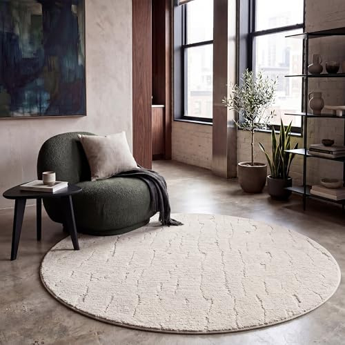 Paco Home Teppich Wohnzimmer Schlafzimmer Hochflor Skandinavisches Design Einfarbig Boho Stil Abstrakt 3D Flauschig Waschbar Deko Creme, Grösse:160 cm Rund