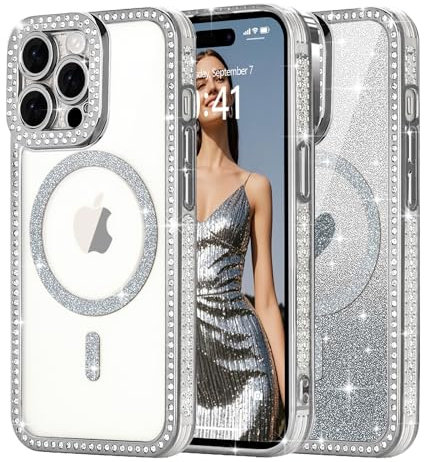 Ethanger for Magnetic Glitter Phone Case for iPhone 14 Pro Max, Sparkling Rhinestone Border with Removable Glitter Insert Compatible with MagSafe Girly Women Cover for iPhone 14 Pro Max, Silver
