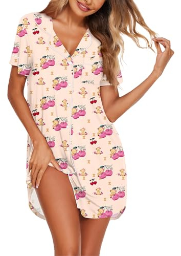 Ekouaer Ladies Nightdress Button Nighties for Women Nightshirts Nightwear Maternity Nightdress for Hospital, Teddy Bear, XXL