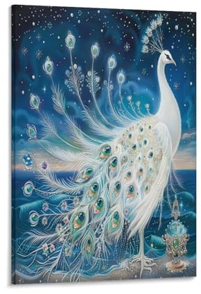 EUUMKOO Kunstdruck auf Leinwand, abstrakter Pfau, weißes Tier, rustikales Ozean, Bild auf Leinwand, Druck, Poster, Dekoration, Kunstwerk für Zuhause, Wohnzimmer, Schlafzimmer, Wanddekoration, Rahmen