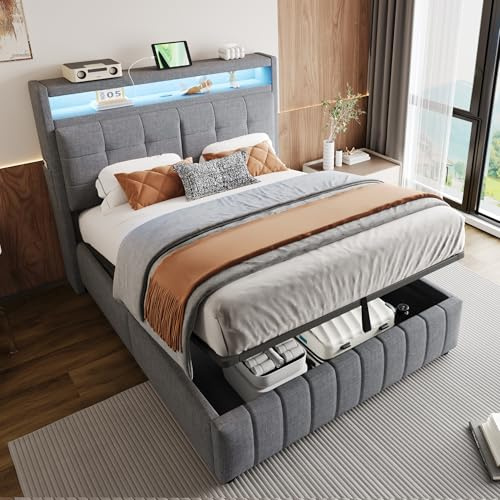 LAKFEW Camas Juveniles Cama 140x200 cm con Iluminación LED y USB, Canape 140x200 Cama Matrimonio Tapizada con Almacenaje Hidráulico y Cabecero con Estante, Estructura Metálica, Lino, Gris, Sin Colchón