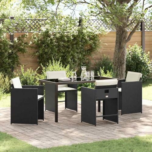 QJBSAVVA Gartenmöbel Set Schwarz 5-Teilig 140 x 80 cm Poly-Rattan Esstisch mit 4 Stühlen Modernes Design Robust und Langlebig Garten Balkon Terrasse