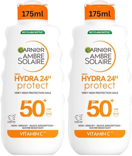 Garnier Ambre Solaire SPF 50+ Hydra 24 Hour Protect High protection UVB & UVA hydrating sun cream lotion. Enriched with Vitamin C, Water Resistant Sunscreen, Non greasy, Fast Absorbsion, 175ml
