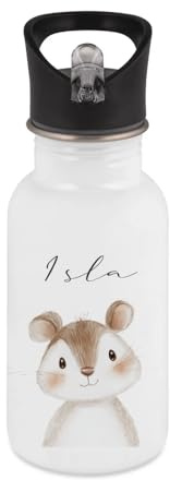Manufaktur Liebevoll Personalisierte Kinder Trinkflasche aus Edelstahl mit Name und Tiermotiv, mit Strohhalm, in 400 ml, 500 ml oder 600 ml, für Kita, Schule und Ausflüge (Maus, 400 ml)