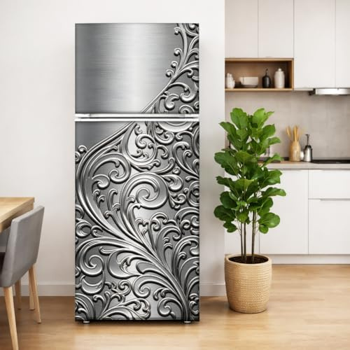 GOMAKERER 2 unidades de rollos plateados en relieve removibles para refrigerador, diseño floral vintage, autoadhesivos, murales de vinilo para puerta de nevera, congeladores, panel adhesivo para