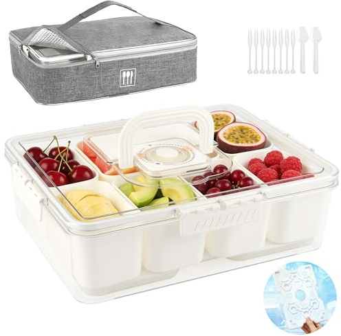 IEEILULU Snackbox mit 8 Fächern, Snackbox mit Kühlakku und Tragetasche für Obst, Snacks, Saucen usw, Tragbar Snackboxen für Picknicks und Camping, Snackteller für Partys und Familienessen Eignet