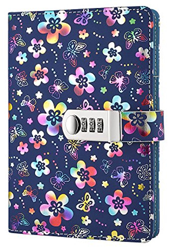 Journal en Cuir PU écriture Carnet,Journal Ligné Carnet de Notes Notebook avec Serrure à combinaison Cahier Journal Bloc-notes TPN102 Motif fleurs colorées