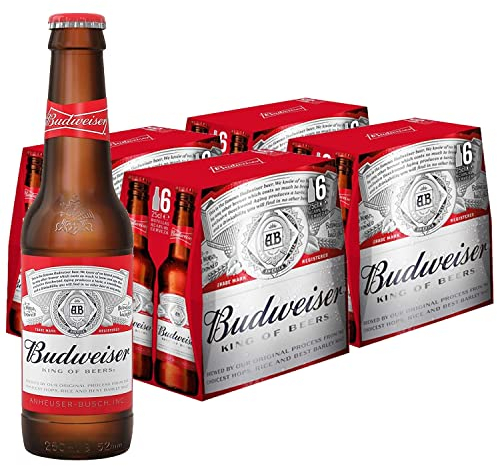Budweiser Cerveza, Pack 24 botellas x 25 cl, Cerveza Estilo American Lager, Sabor Refrescante, Doble Fermentación, 4.8% Volumen de Alcohol