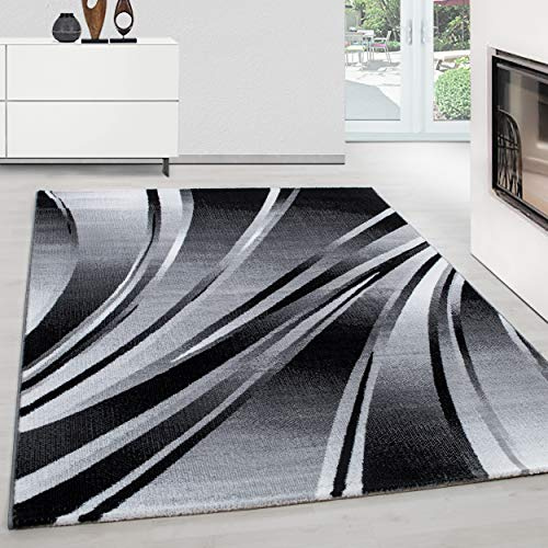 Teppium Moderner Kurzflor Teppich Läufer Flur 80 x 150 cm Schwarz - Teppich Waschbar, Abstrakt Wellen Design, Pflegeleicht und Weich - Ideal als Bettvorleger im Schlafzimmer und Küchenläufer
