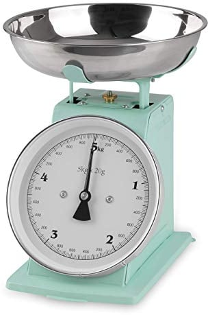 GOURMETmaxx Küchenwaage in Retro-Design | Edelstahl-Waagschale mit exakten Messergebnissen und Tara-Funktion | Ohne Batterien | Bis zu 5kg [Mint]